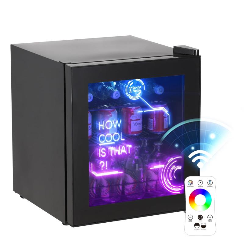HCK ゲーミング冷蔵庫 44L ドリンク用 RGB LEDネオン 透明ガラスドア おしゃれ 大容量 右開き 1ドア 静音 省エネ 保冷保温庫 バー 寝室 寮 カフェ レストラン ホテル SC-46C