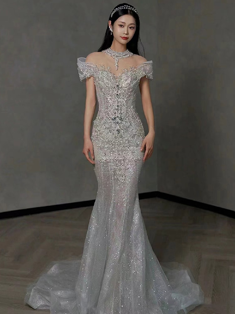 テールライトウェディングドレス花嫁2024メインヤーンプリンセス外出糸重工業ワンショルダードレススカート