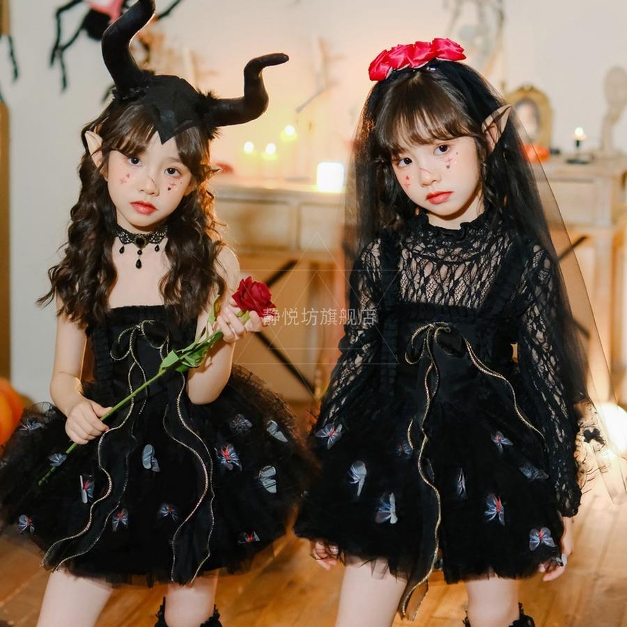 【ブラックワンピ】ハロウィン　魔女　ドラキュラ　仮装　黒　ワンピース　キッズ　女の子女の子