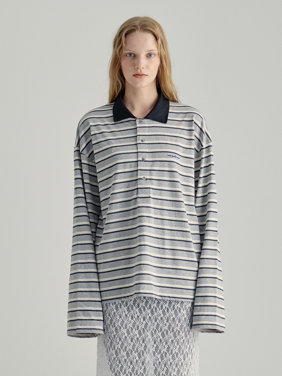 【MARGESHERWOOD】 STRIPED POLO T-SHIRT : GREY STRIPE