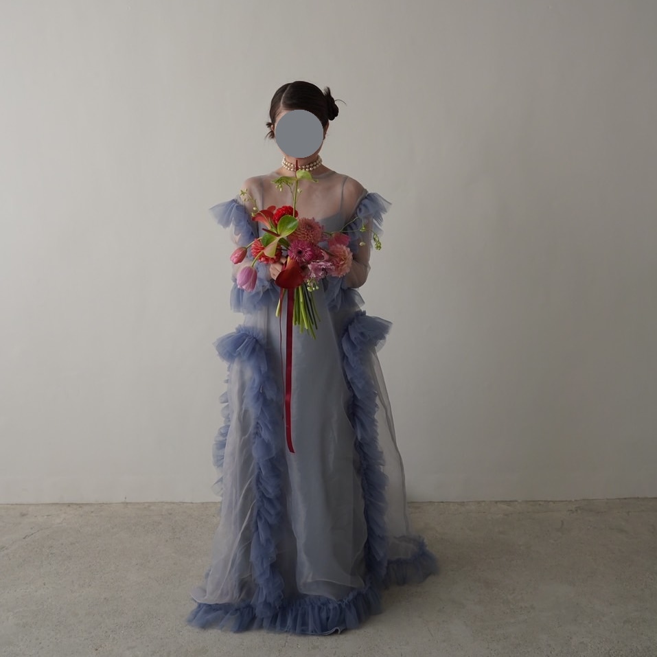 実例写真！爽やかで優しいブルー ツーピース キャミソール+オーバードレス ロングトレーン オーガンジー 前撮り 妊婦