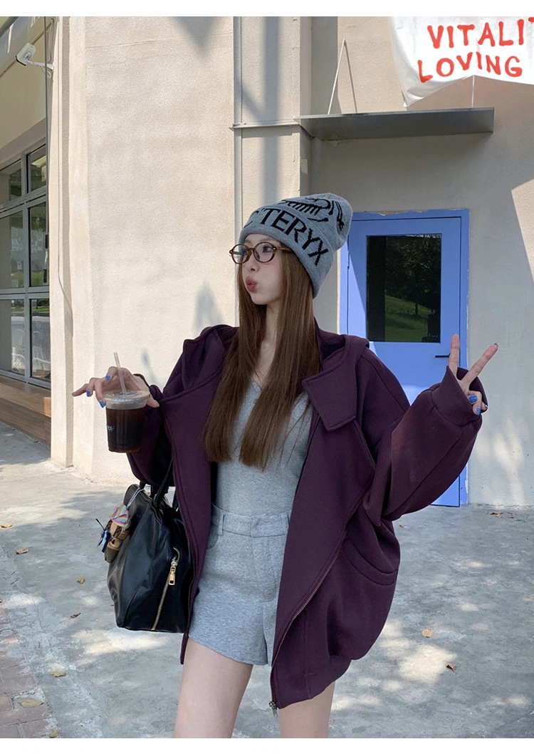 秋冬トップスかわいいパーカー フード付き韓国風長袖ゆったり細見え白黒おしゃれレトロチャックシルエット甘め大人っぽ韓国フルサイズファッション系ルーズレディースサイドお出かけ学生通学トラック羽織り