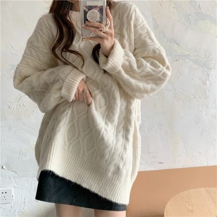 4色 トップス ニット セーター チュニック レディース 秋冬 冬 かわいい カジュアル ゆったり 長袖 ロング丈 長袖 ボリューム袖 ラウンドネック 襟なし ワイド BIGシルエット ふわふわ ケー