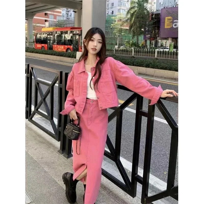 デニムスーツ 新作デニムスーツ女性ショートカーディガンジャケットジャケット+ハイウエスト一言半身スカート2点セット