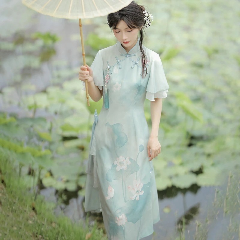 2025新作 青荷 半袖 中国風ロリータ 改良チャイナドレス メイド服 ロリータ コスプレ 夏 ロリータ ワンピース 可愛 ドレス 制服