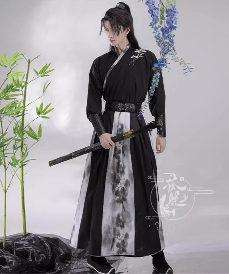 中華風 唐装 漢服3点セット メンズ レディース 大人 カンフー 中華コスプレ衣装 水墨 黒白系 蓮プリント 交差 宋朝 侠客 中国古代服装 ベルトと袖カバー付き 暗黒系 おしゃれ 華流 中華時代劇