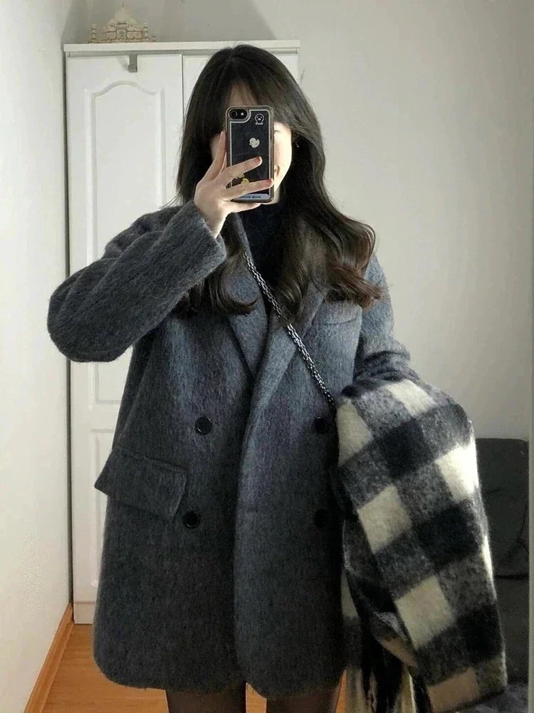 ショートグレーツイードコート女性ツイードジャケット新作ヘップバーンスタイル厚手の小さなシニア感覚 [高质量 ]大人っぽチェスターコート