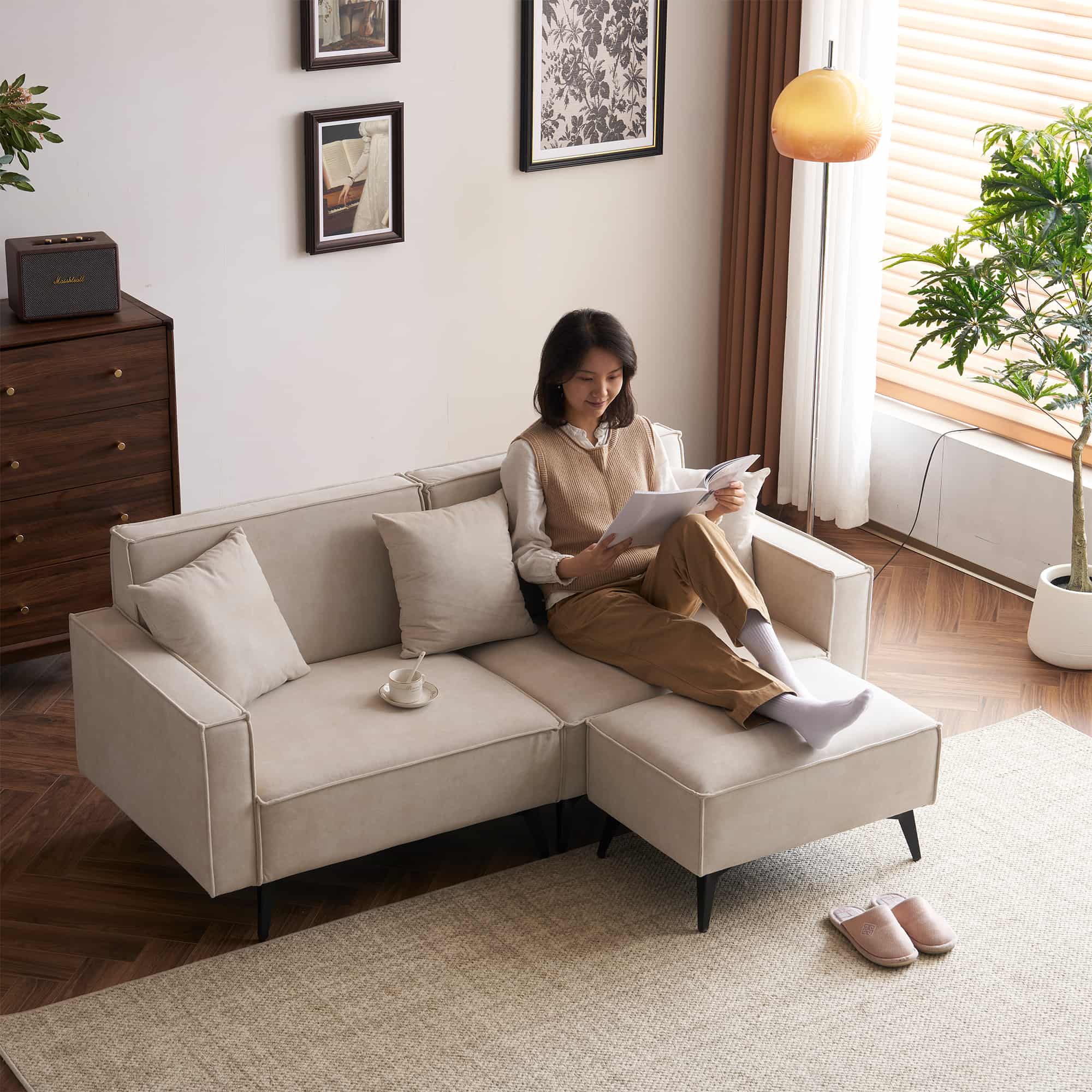 ソファー ソファ 3人掛け コンパクト 幅153cm カウチソファー オットマン付き コーナーソファー L字型 リビングソファー ソファーセット ソファセット ファブリック 弾力 自由レイアウト