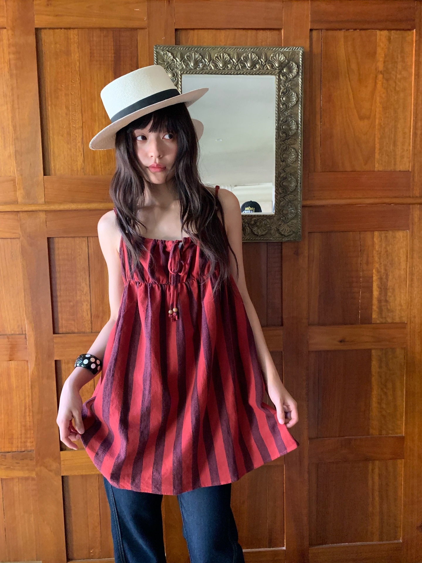 夏のレトロな2着のやせた気質は色のストライプのストラップのワンピースの女性のs5 709にぶつかります