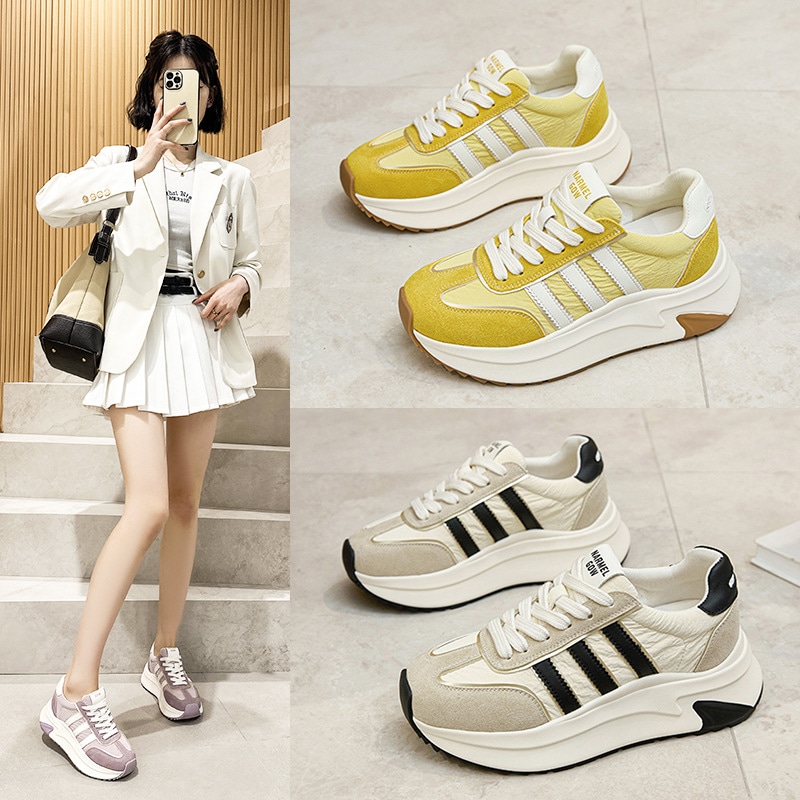 厚底フォレストガンプシューズ 2025年新作カジュアルスポーツシューズ レディース オールマッチ本革ホワイトシューズ 身長アップ ドイツ製トレーニングシューズ レディース