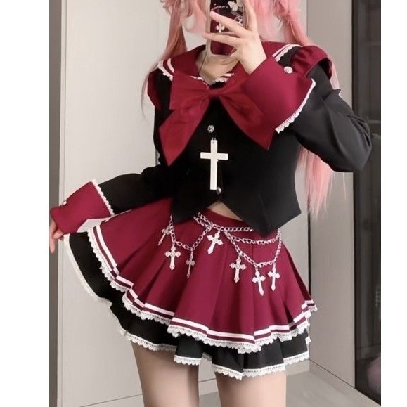 【送.料.無.料.急速発送】jk制服学院風ガーリーレトロマリンネックシャツハイウエストポンポンプリーツスカート2点セット