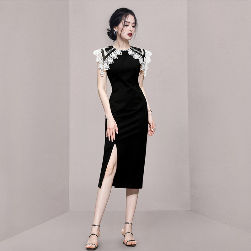 レース襟ワンピース ワンピース ワンピドレス 膝丈 ひざ丈 袖なし ノースリーブ ラウンドネック 襟付き スリム タイト 細身 Iライン レース スリット かわいい 大人可愛い きれいめ シンプル