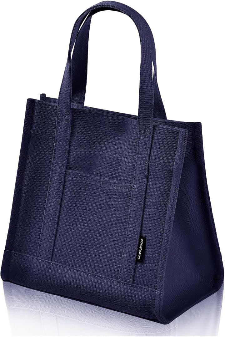 ミニトートバッグ 日本製 自立型 帆布 キャンバス 小さめ ユニセックス ランチバッグ 収納 ギフトにも(ネイビー, ミニ)