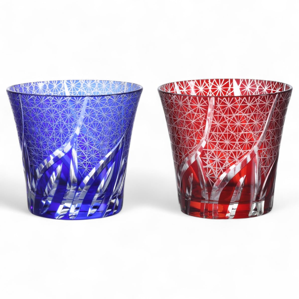 J-kitchens 水影 切子 ペア グラス カップ Φ94xH85mm 240cc 乱彫小紋 ブルー & レッド 美匠 Current Model
