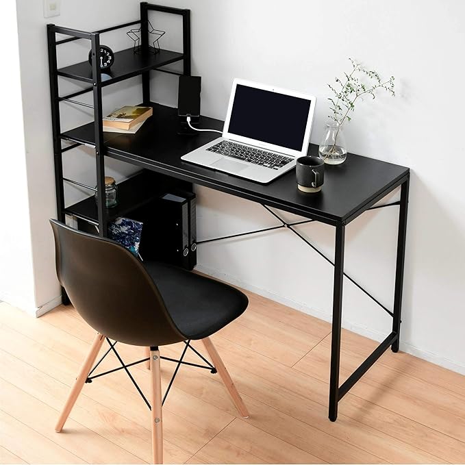 デスク 選べる幅 (幅90 幅110) ラック付き (左右入れ替え可能/A4対応/可動式棚板) 2口コンセント 天板耐荷重60kg 奥行49×高さ112cm パソコンデスク 組立品 ブラック DWRE