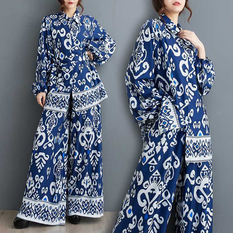 【急速出荷】秋新品 上下セット レトロ ブルー花柄 大きいサイズ 体型カバー レディース セットアップ メガ割 4,905円