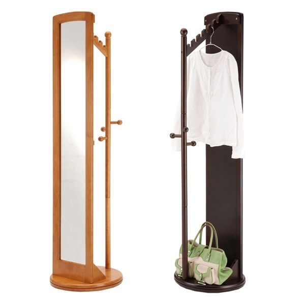 ミラー付き 回転ハンガーラック 天然木フレーム 高さ171cm スタンドミラー 姿見 コートハンガー ポールハンガー ポールスタンド パイプハンガー 木製