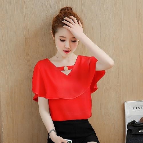 2198.シフォン フリル トップス(レッド)