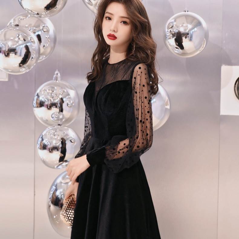 【急速出荷】パーティードレス ロング ドレス 黒 Aライン レディース 結婚式 二次会 お呼ばれ 演奏会 発表会 フォーマル ドレス ワンピース 個性的 ドット柄 長袖 透け感 お洒落 きれいめ 大人