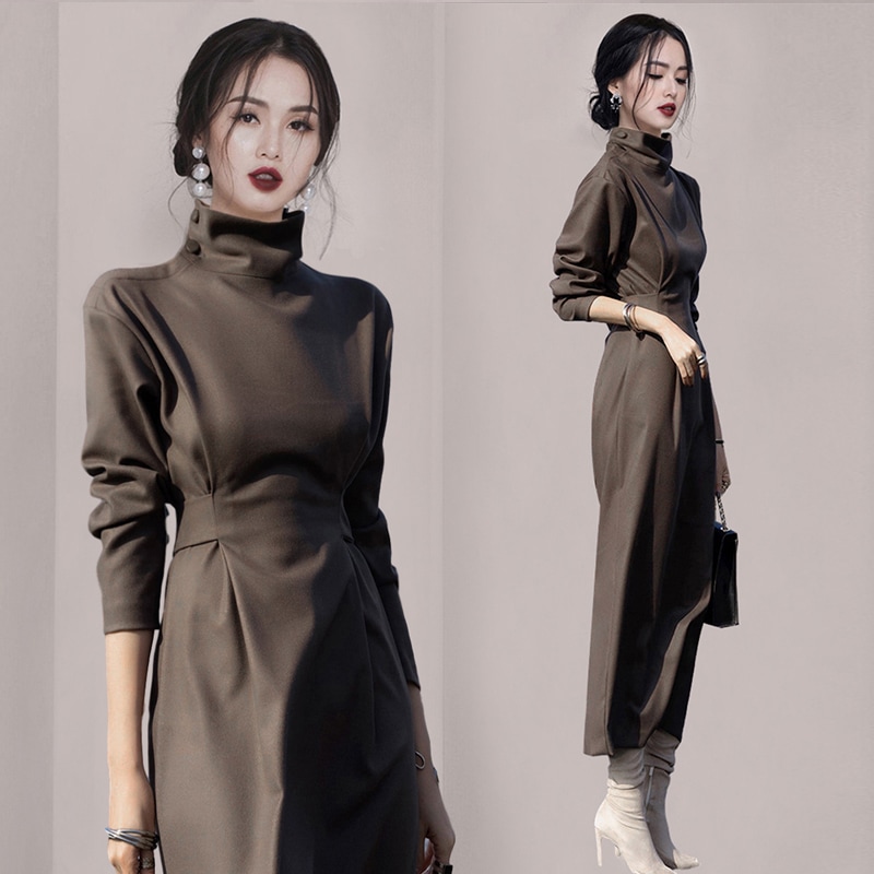 ワンピース レディース ドレス S M L XL 韓国 ミモレ ミモレ丈 ロング ロング丈 袖あり 長袖 ハイネック スリム スリット 大人可愛い きれいめ シンプル 上品 エレガント フェミニン