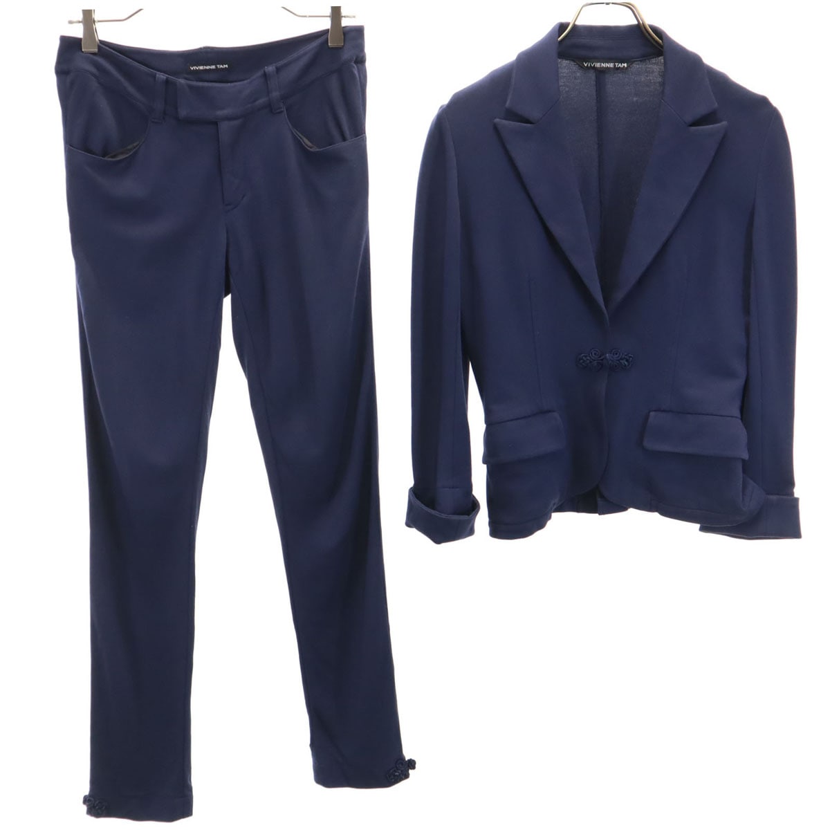 日本製 テーラードジャケット 上下セットアップ ネイビー ストレッチ レディース 古着