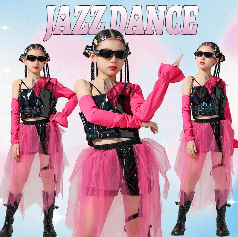 女の子 ダンス 衣装 セットアップ ジャズダンス ヒップホップ チュールパンツ 肩袖Tシャツ レザーベスト かっこいい 演出服 4点セット ピンク スパンコール ダンス衣裳