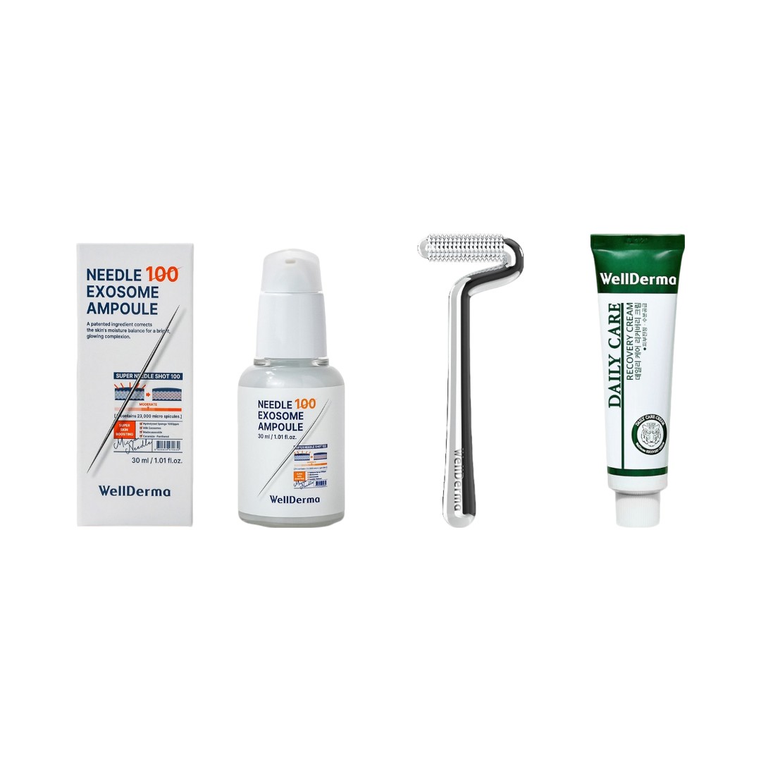 ウェルダーマ 3点セット ニードル100 エクソソームスピキュルアンプル30ml＋フェイスリフティングニードルショットローラー＋デイリーケアリカバリークリーム30ml