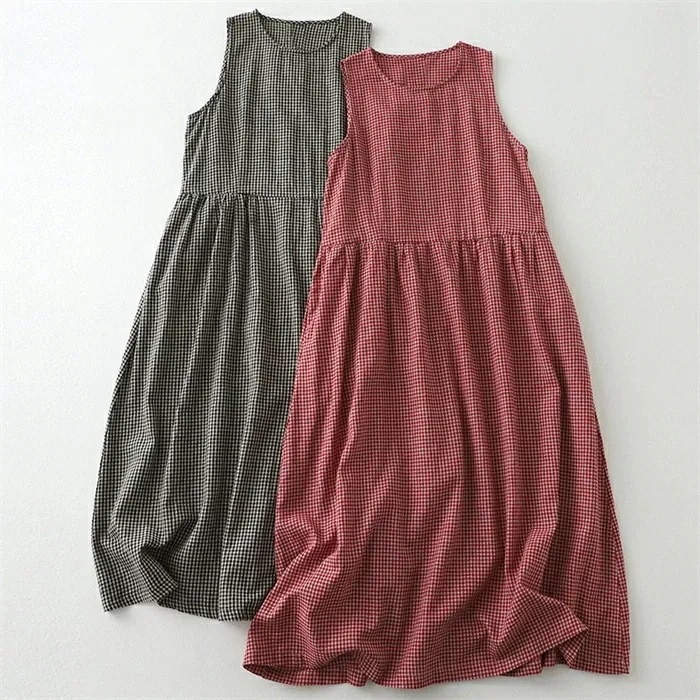 【20点セット】【送料無料】ワンピース レディース 夏 ロングワンピース ロング丈 ノースリーブ チェック柄 クルーネック 綿麻風 Aライン フレア ポケット付き 袖なし 大きいサイズ ゆったり ギン