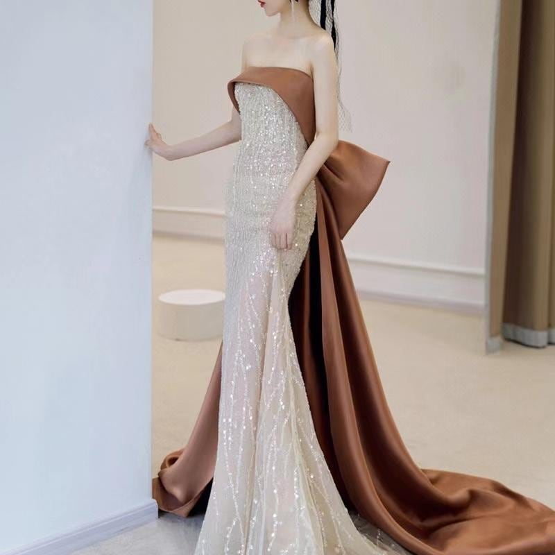 カラードレス ブラウン ビスチェ リボン ロングドレス 結婚式 二次会 発表会 演奏会 ウェディングドレス ウエディングドレス 花嫁 前撮り 上品 スレンダードレス