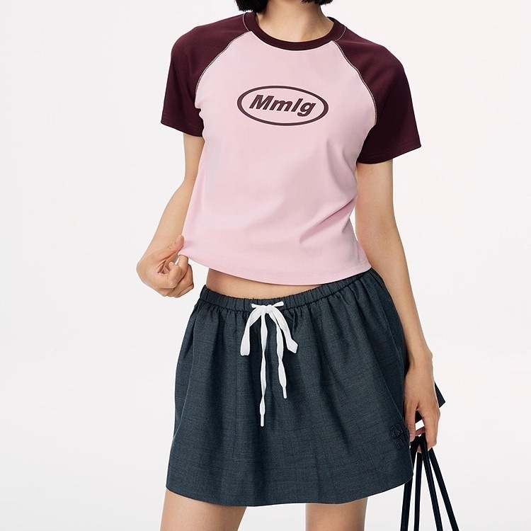 レディース トップス Tシャツ クロップド丈 半袖 ラグラン クルーネック スリム 細身 ストリート ヴィンテージ アメカジ バイカラー 配色 シンプル カジュアル おしゃれ レトロ スポーティー