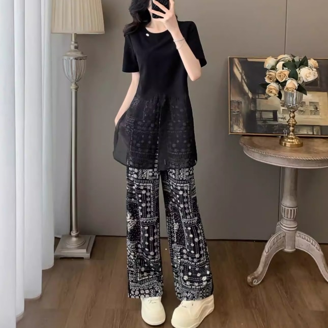 レディース トップス パンツ 2点セット 上下セット ストレートパンツ ロング 半袖 ラウンドネック ストレート Iライン フェミニン スリット ハイウエスト ウエストゴム 透け感 薄手 かわいい