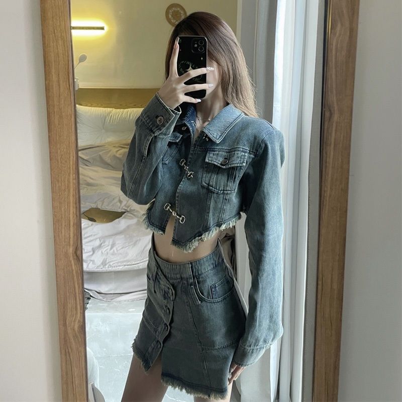 2024 春新作 スパイスガールズ スーツ レトロ気質 デニムジャケット トップス ハイウエスト 半そで スカート スカート2点セット