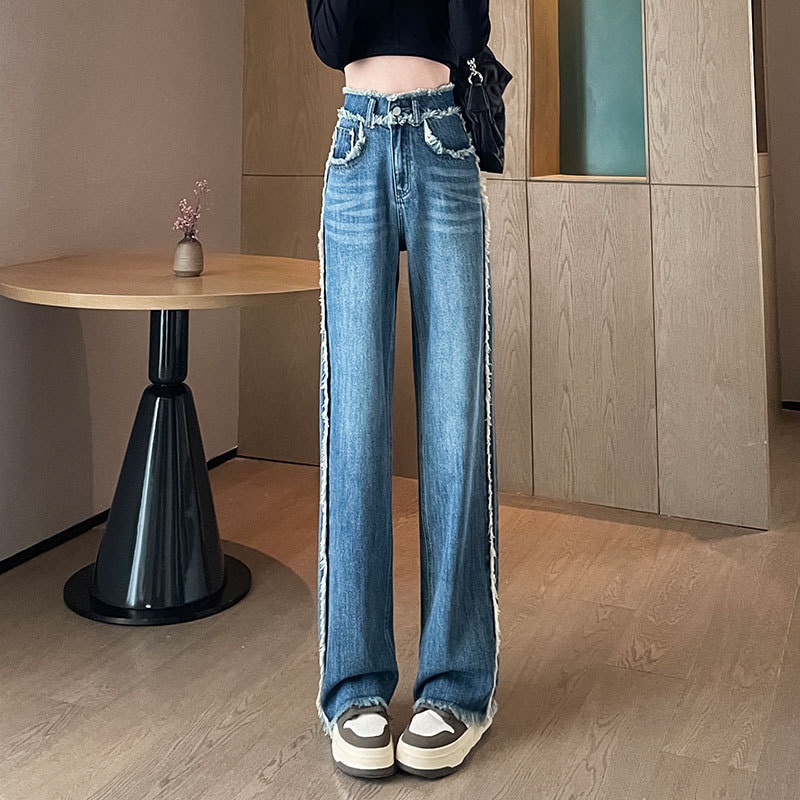 女性用ローエッジゆったりワイドジーンズ春夏韓国風ハイウエストスリム万能ライトブルーストレートパンツ
