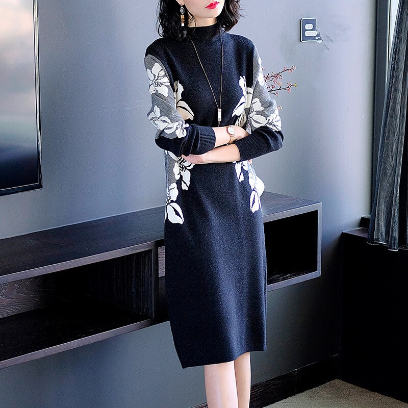 ワンピース ワンピドレス ミニ ミニ丈 ショート ショート丈 袖あり 長袖 ハイネック スリム 細身 Iライン スマート 綿 ウール コットン 大人可愛い きれいめ シンプル カジュアル 大人