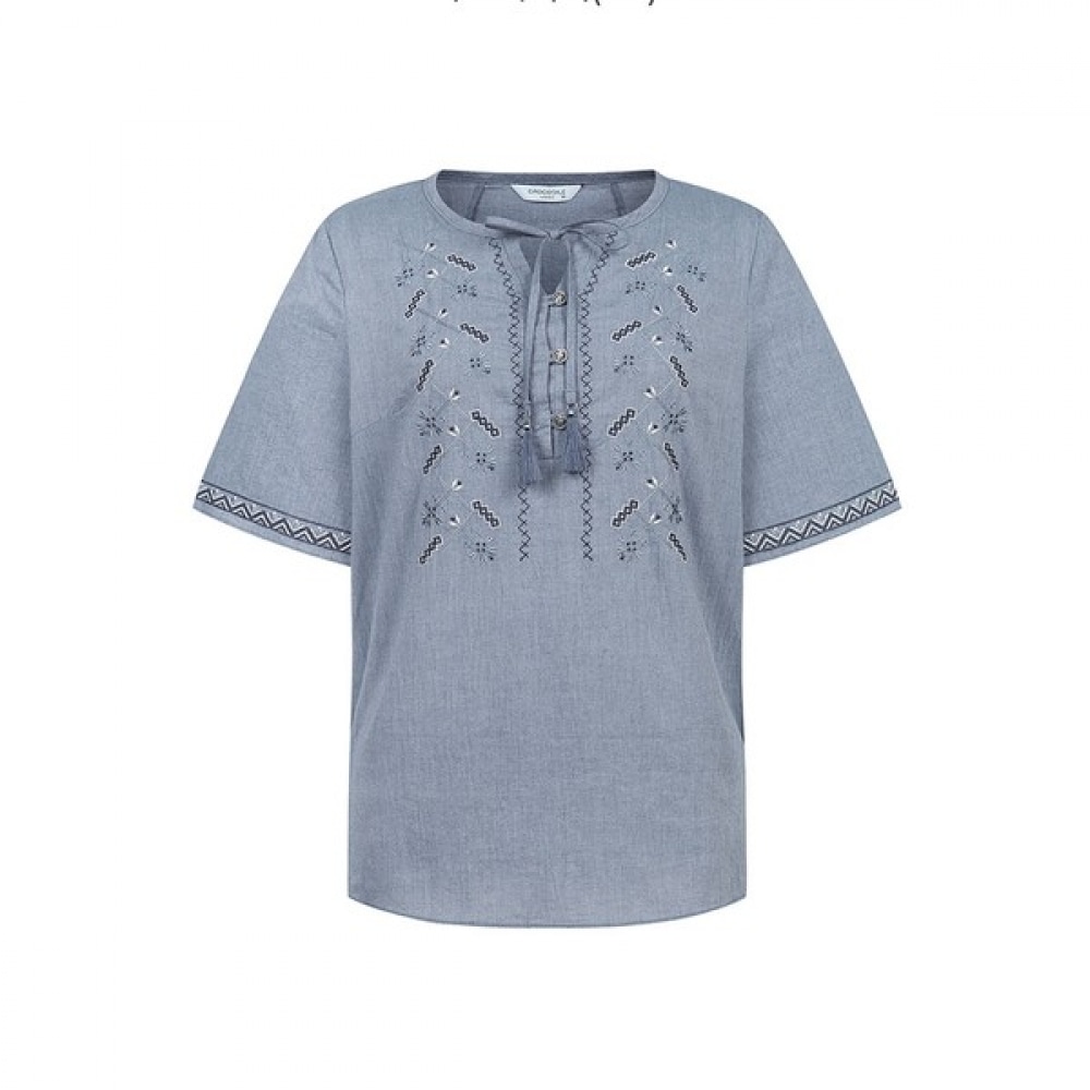 [クロコダイルレディ] インディゴブルー刺繍タッセルポイントコットンブラウスCLCMBL126