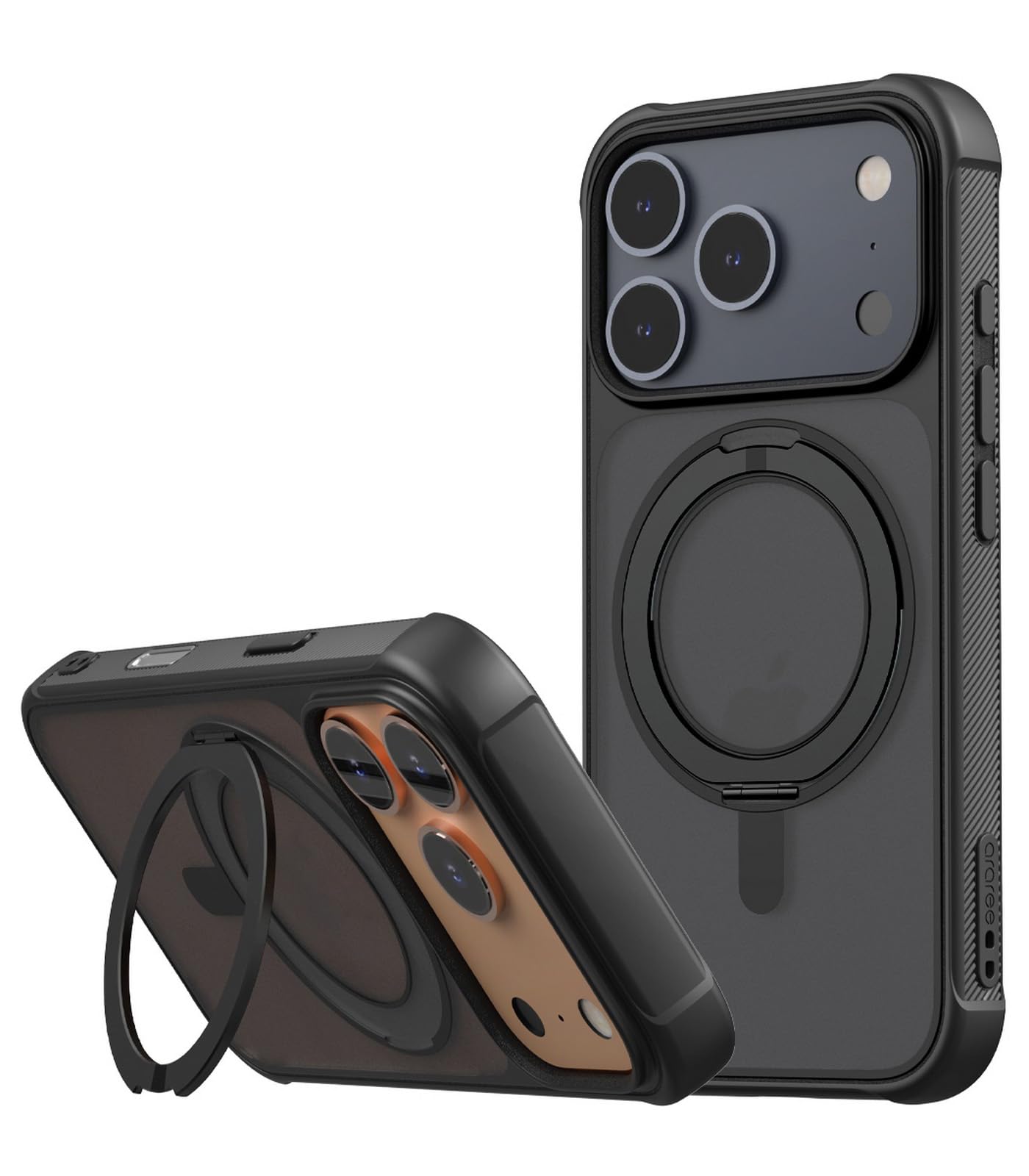 【araree】 iPhone17Pro 対応 ケース MagSafe 対応 360 回転 リング スタンド 付 耐衝撃 フロスト クリア スマホケース 半 透明 シンプル 滑りにくい マグセーフ対