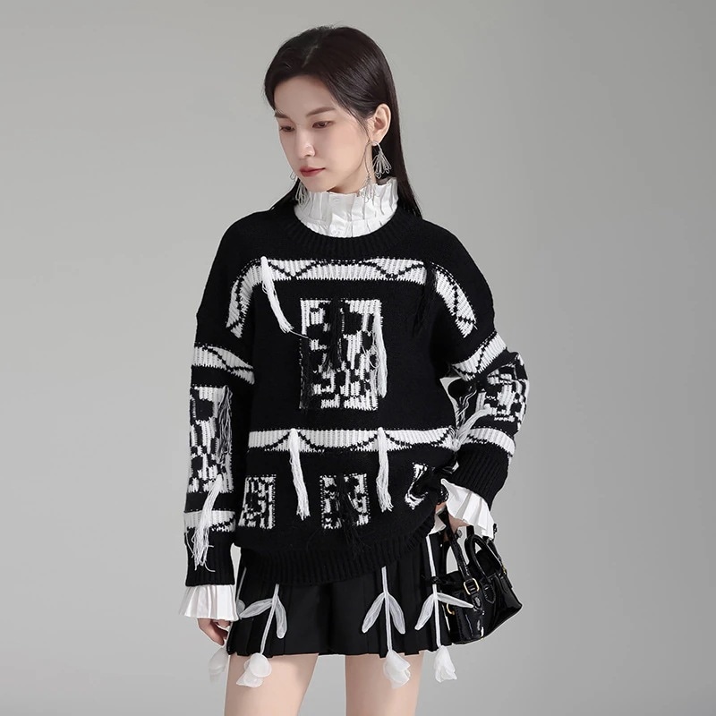 暗黒風デザイン感冷淡風セーター黒＆白フリンジせラウンドネック ニット