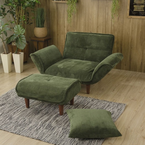 日本製 リクライニングソファー/ローソファー 1人掛け オットマン付き コールテン生地 グリーン 脚部：ブラウン 幅88cm 21,497円