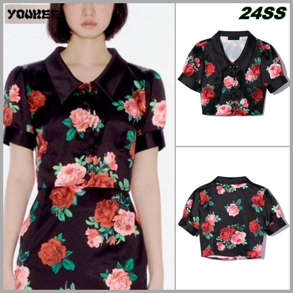 【YOUHEE】24SS SATIN FLOWER PATTERN BLOUSE BLACK
