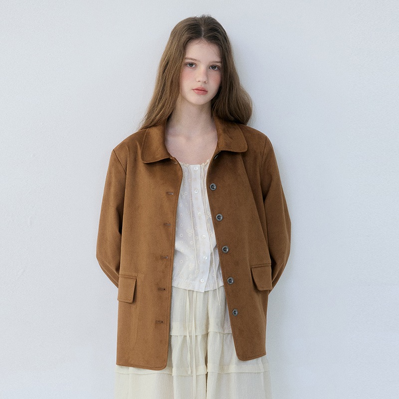 Round Collar Suede Jacket (Brown)
