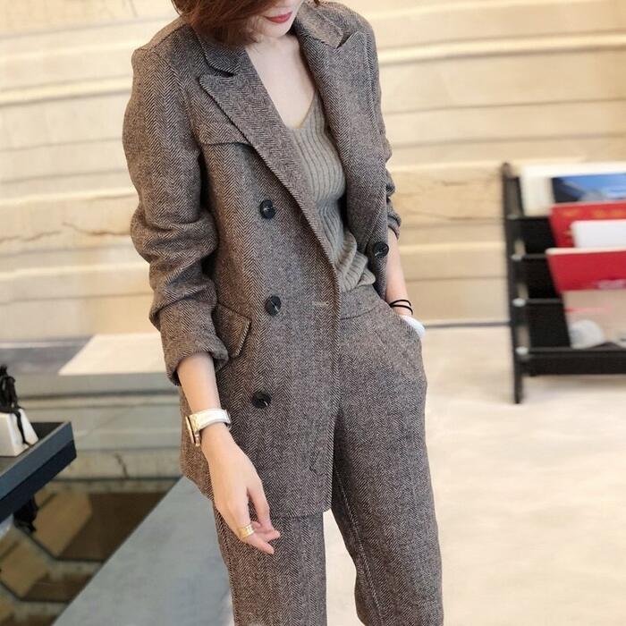 入学式 ママスーツ レディース おしゃれ 卒業式 母 卒園式 入園式 ジャケット テーラード セットアップ セレモニー スーツ 七五三 お宮参り 母親 ママ ヘリンボーン パンツ 長袖 ブラウン グレ