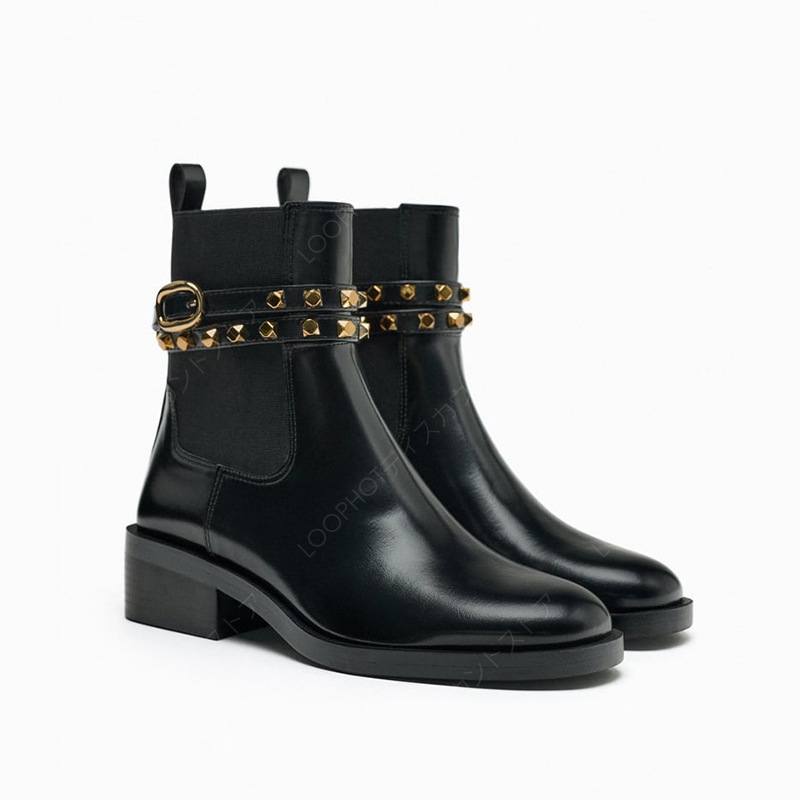 手作り ハイエンド オーダーメイド レディースシューズ レトロ リベット ストラップ 丸型トウ ショートブーツ イギリス風 太ももヒール チェルシーブーツ ハイヒール マーティンブーツ-76
