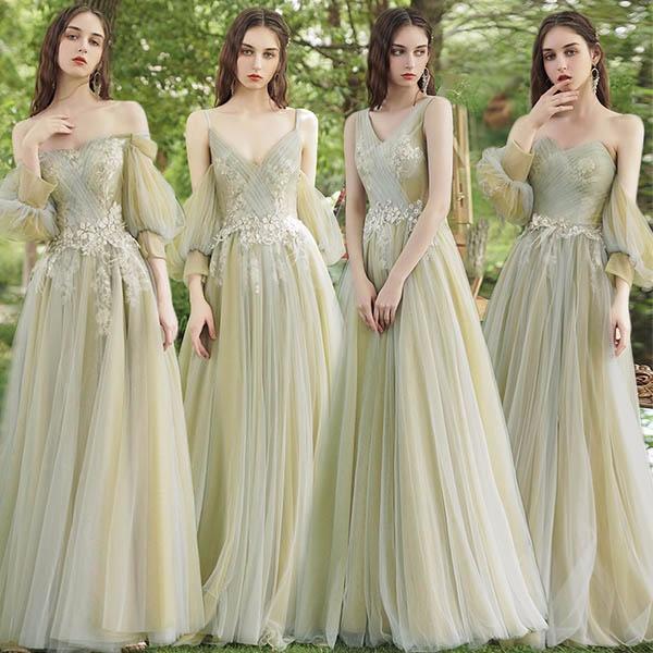 ブライズメイド ドレス ロング丈 袖付き 二次会 大きいサイズ 結婚式 体型カバー 半袖 フリル オフショルダー