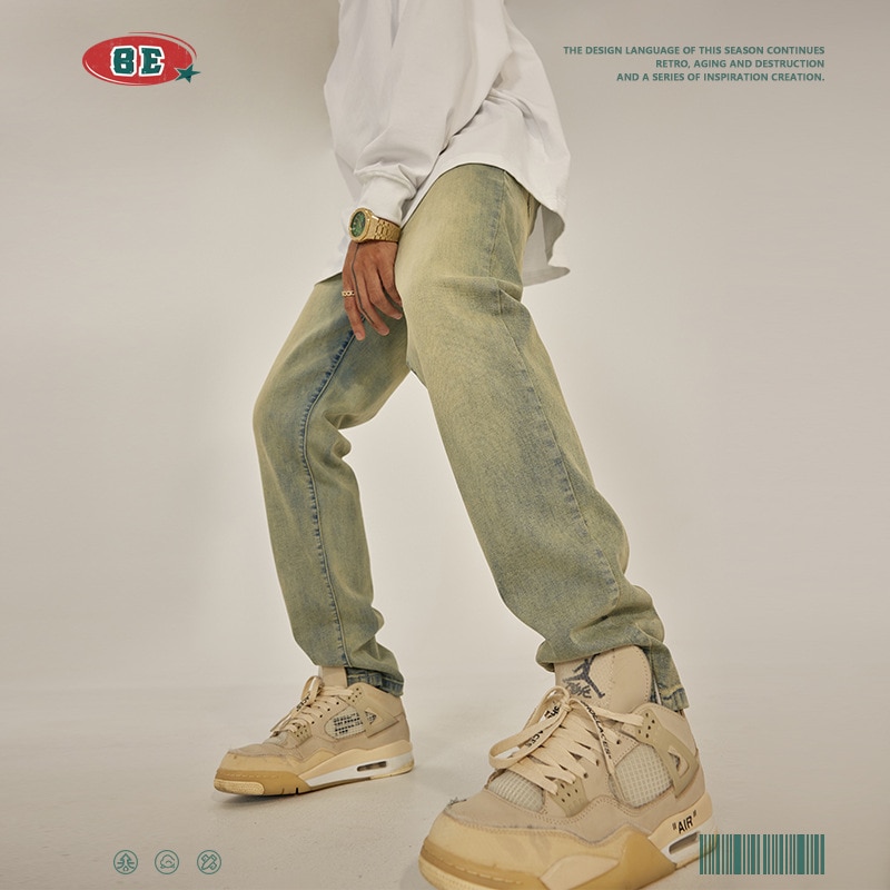 秋冬 ズボン韓国カジュアルパンツ ロングパンツ メンズ オーバーオール 原宿 スポーツ ワイドレッグパンツ ゆったり ストレート 春夏秋冬黄泥色フォークジーンズ潮高弾古い顕瘦裤男高街