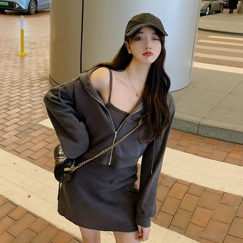 レイヤードトップス パーカー韓国風スリムカジュアルフード付きスウェットセットサスペンダーワンピース2点セット 長袖ブラウス30%制限 5,156円