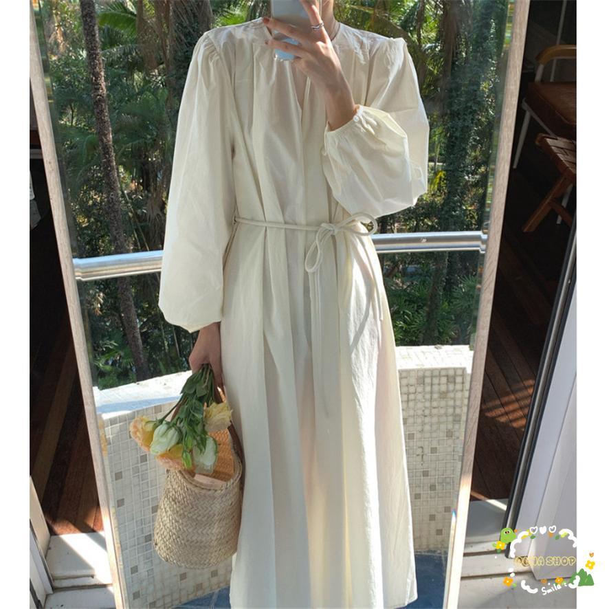 ワンピース ミモレ丈 長袖 丸襟 レディース 大人 春 夏 ロング 無地 マキシ丈 ドレス ホワイト シンプル きれいめ ロングワンピース