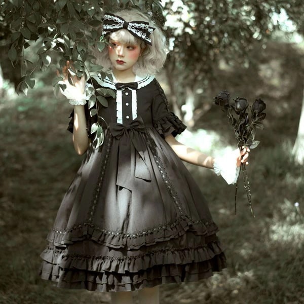 ゴシックロリータ ワンピース 黒 フリル 病みかわいい 膝丈 暗黒系 ロリータop プリンセスドレス Lolita ロリータ服 リボン コスチューム コスプレ衣装 文化祭 学園祭 イベント ロリータフ 8,076円