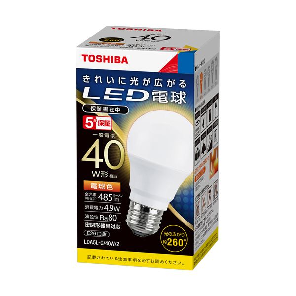 （まとめ）東芝ライテック LED電球 一般電球形 E26口金 4.9W 電球色 LDA5L-G/40W/2 1個 5セット