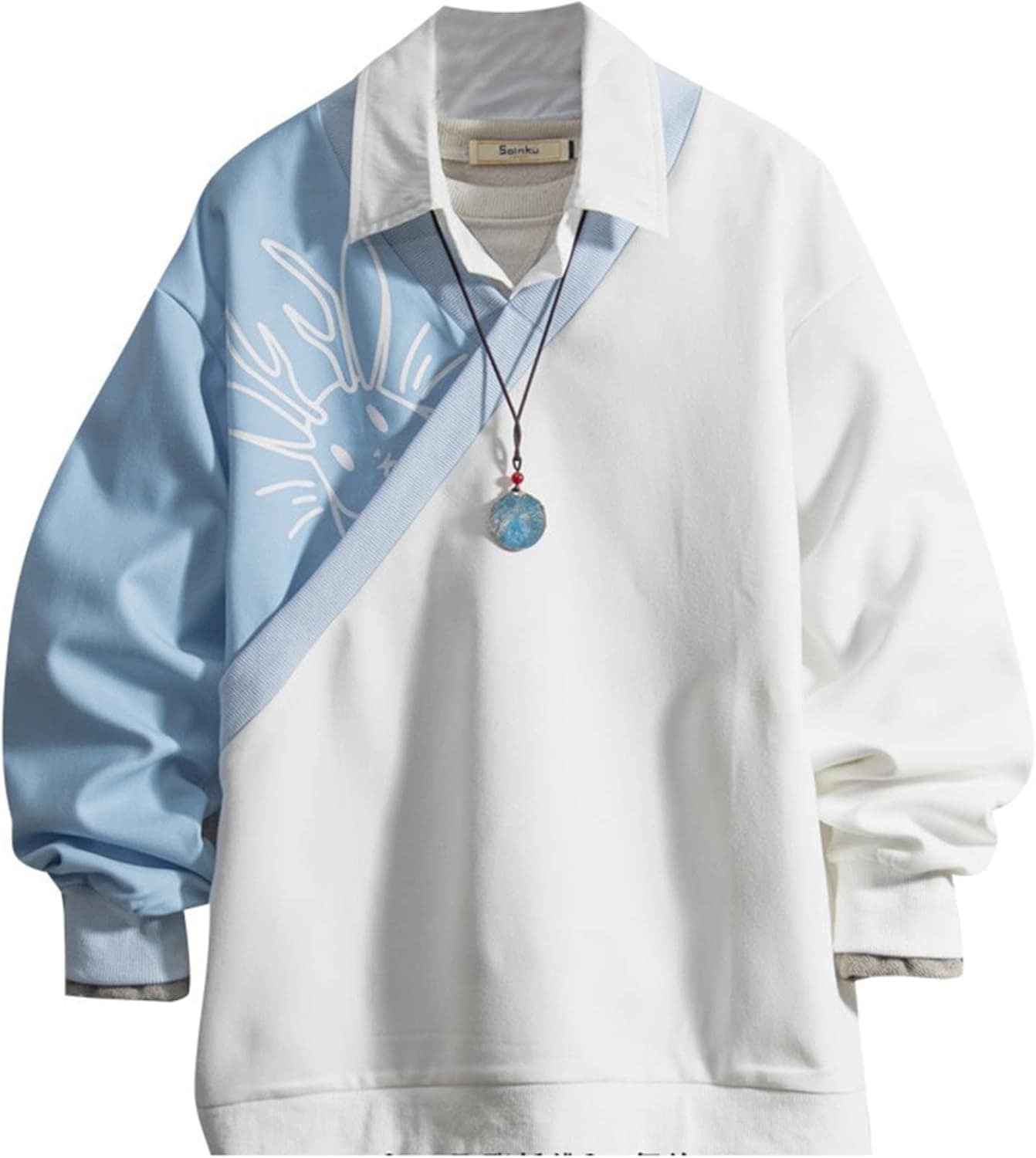 プルオーバー メンズ 長袖 パーカー 春物 上着 タイダイ染め フェイクレイヤード クルーネック 総柄 プリント ソフト 伸縮性 保温 吸汗 丈長め カジュアル クール 流行し 秋服 体型パ