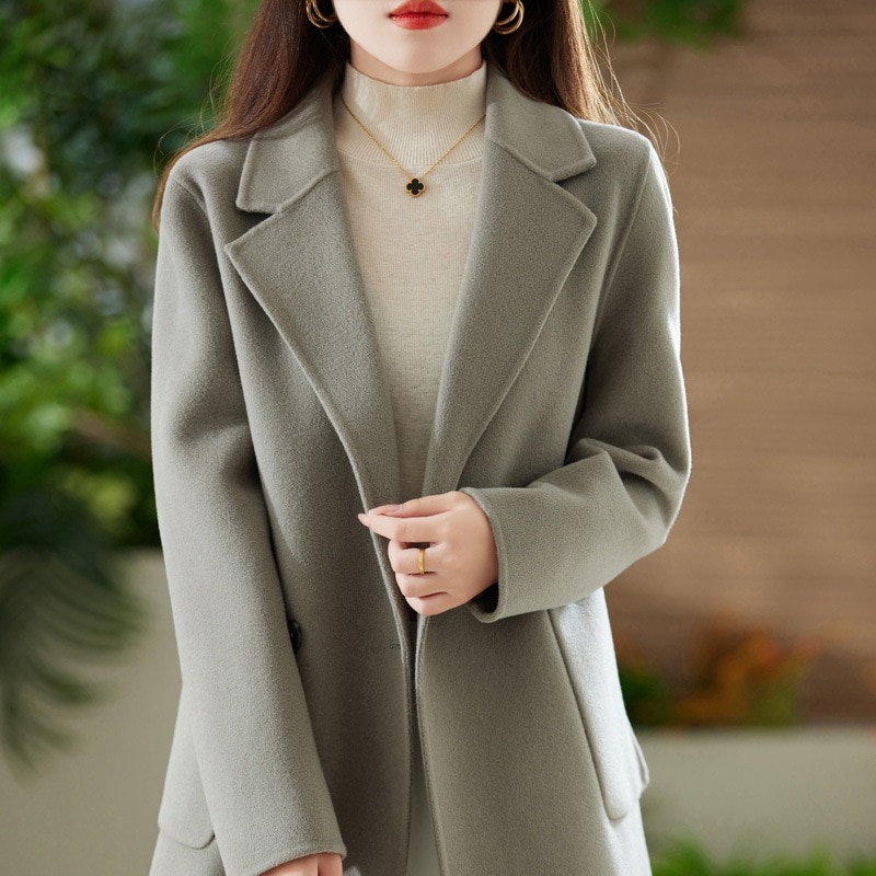 2024新作女性用両面カシミヤコートミドル丈スーツ襟ゆったり着痩せ小柄な方向け両面コート